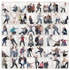 a collage of people posing for pictures in different poses, all with arms and legs spread out