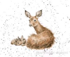 a painting of a baby deer and its mother