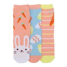 Add a pop of festive cheer to your young one's wardrobe with the Youth Easter Themed Crew Socks 3-Pack from Bioworld. Perfect for spring celebrations, these socks are adorned with playful designs featuring the Easter bunny, cheerful carrots, and colorful Easter eggs.

- Material: 92% Polyester, 8% Spandex
- Size: Designed for youth
- Gender: Female
- Features: Scalloped cuff edges for added charm; machine washable

These socks offer a comfortable, flexible fit ideal for active kids, ensuring the Fun Multicolor Socks For Spring, Fun Multicolor Spring Socks, Cute Pink Spring Socks, Cute Multicolor Socks, Pink Knee-high Socks For Spring Stocking Stuffer, Pink Knee-high Socks For Spring, Cute Spring Playtime Socks, Female Features, Holiday Socks