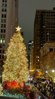 a large christmas tree in the middle of a city