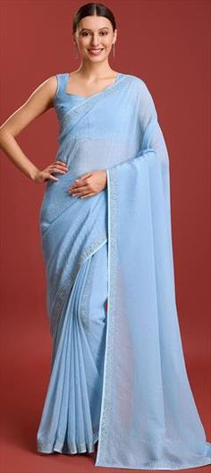 Blue color Saree in Organza Silk fabric with Stone work Formal Blue Saree With Resham Embroidery, Blue Bollywood Wedding Blouse Piece, Light Blue Georgette Traditional Wear For Wedding, Light Blue Georgette Wedding Dress, Formal Blue Saree With Zari Work, Light Blue Blouse For Wedding, Fitted Light Blue Blouse Piece For Wedding, Formal Blue Saree With Cutdana, Formal Blue Saree With Unstitched Blouse