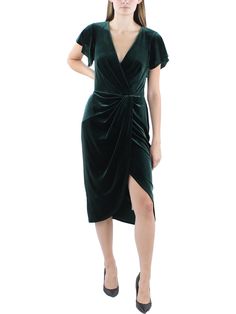 Womens Velvet Mid-Calf Cocktail And Party Dress Elegant Holiday Midi Dress, Formal Green Ruched Midi Dress, Formal Holiday Knee-length Midi Dress, Holiday Knee-length Formal Midi Dress, Holiday Knee-length Midi Dress For Formal Events, Holiday Knee-length Midi Dress For Formal Occasions, Holiday Sheath Formal Dresses, Elegant Knee-length Mini Dress For Holiday Party, Elegant Midi Dress For Holiday Party