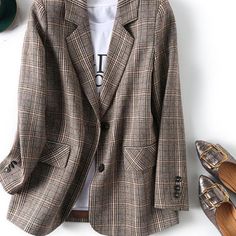 England Style, Loose Elegant Casual Suit Coat Female, Standard, Regular, Fiber Button, Non Stretch, Slim, 88% Polyester 10% Rayon, 2% Spandex How To Have Style, Dark Academia Clothing, Blazer Jackets For Women, Retro Jacket, Classic Denim Jacket, Plaid Coat, Stylish Jackets, Casual Suit, Brown Plaid