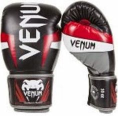 the venum boxing gloves are black, red and grey with white lettering on it