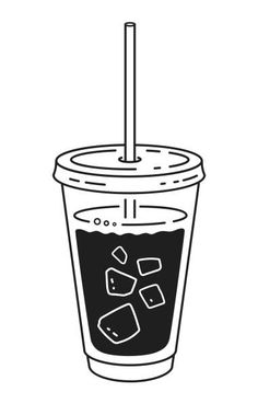 a black and white drawing of a drink with ice cubes on the rim, in a plastic cup