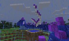 an image of a city in the rain with purple and blue blocks on it's roof