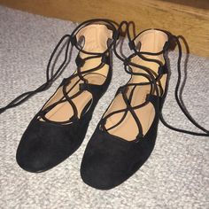 Suede Black Flats With Strings To Tie Around Legs. Brand New Never Worn Tie Up Flats, June 2024, Flat Color, Black Flats, Black Tie, Loafer Flats, Loafers, Brand New, Women Shopping