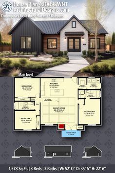 the floor plan for a modern house with two master suites and an open concept living area