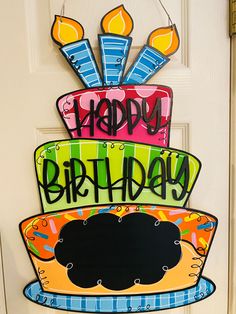 a birthday cake sign hanging on the front door