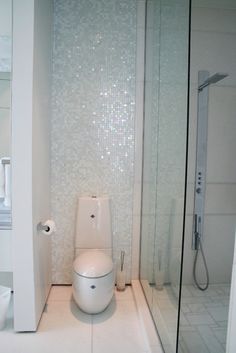 a white toilet sitting next to a walk in shower