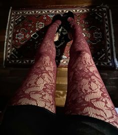 Red Stockings Aesthetic, Red Lace Tights, Red Lace Tights Outfit, Tights Photoshoot Photo Ideas, Red Tights Aesthetic, Funky Tights Outfits, Red Socks Outfit, Red Stockings Outfit, Patterned Tights Outfit