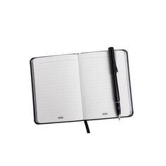 an open notebook with a pen sticking out of the cover, on a white background