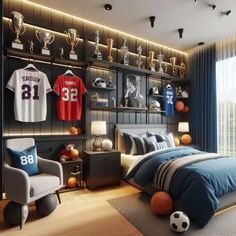 a sports themed bedroom is shown in this artist's rendering, which shows the bed and soccer jerseys on display