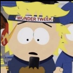 a cartoon character holding a cell phone with the word wonder twek on it