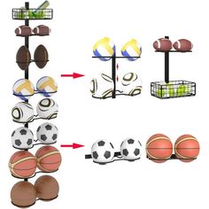 several different types of sports balls hanging from a rack with baskets on it and one ball in the middle