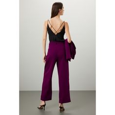 Purple crepe (100% Polyester). Lining (100% Polyester). Pants. Front zipper fly with button closure. 29" inseam. 13" rise. Imported. Elegant High-waisted Viscose Pants, Viscose Wide-leg Workwear Bottoms, Viscose Wide-leg Pants For Work, Formal Viscose Wide-leg Pants, Workwear Wide-leg Viscose Pants, Elegant Wide Leg Viscose Bottoms, Wide Leg Viscose Workwear Pants, Viscose Wide-leg Pants For Formal Occasions, Viscose Wide-leg Workwear Pants