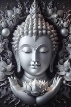 a white buddha statue with its eyes closed and hands folded out in front of it