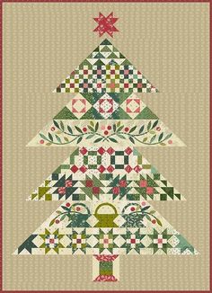 a quilted christmas tree is shown in green, red and white colors on a beige background