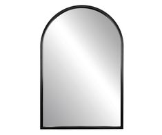 an arch shaped mirror is shown against a white background with black trimmings and a metal frame