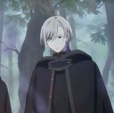 two anime characters standing in the woods