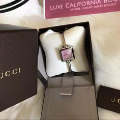 This Is Pre Loved Item In Great Condition .. Has The Box . See Photos For More Details . Fb And Instagram Account Luxe California Boutique Elegant Gucci Watch With Rectangular Dial, Timeless Gucci Watch As Gift, Timeless Gucci Watch As A Gift, Luxury Analog Watch As Gift, Luxury Analog Watches As Gift, Luxury Analog Watch As A Gift, Luxury Analog Watches As A Gift, Luxury Analog Watches For Gift, Gucci Analog Watch Gift