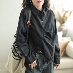 Women Casual Stylish Solid Cotton Loose Blouse Black Collared Blouse For Fall, Casual Black Collared Blouse, Trendy Black Blouse For Work, Black Solid Color Shirt For Spring, Black Shirt For Spring, Black Relaxed Fit Shirt For Office, Relaxed Fit Black Blouse For Office, Trendy Black Office Blouse, Black Shirt For Fall