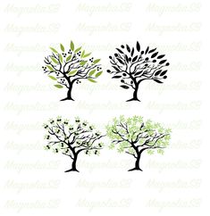 four tree silhouettes with leaves and branches in different colors, on a white background