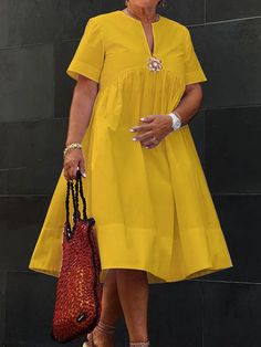 Vacation Floral Brooch Loose Plain Midi Dress | stylewe Womens Midi Dresses Summer, Yellow Dresses For Women, Cute Woman Outfits, Sleeve Styles For Dresses, Dress Styles Women, Plus Size Cotton Dresses, Loose Dresses For Women, Dresses For Short Women, Dresses By Style