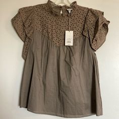 Excellent Condition, Never Worn, With Tags Brown Spring Tops For Daywear, Brown Tops For Spring Daywear, Brown Tops For Daywear In Spring, Brown Cotton Blouse For Spring, Summer Brown Blouse For Brunch, Brown Summer Workwear Blouse, Summer Workwear Brown Blouse, Brown Summer Blouse For Work, Trendy Brown Spring Blouse