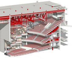 an architectural rendering of the inside of a building with red seats and railings on each side