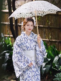 ❤︎Clean and neat white and blue flower all lace yukata set [Kimono + handbag + tabi❤︎ Yukata Kimono, White And Blue Flowers, China Dress, Sheer Shirt, Suspender Dress, Blue China, Chinese Dress, Sheer Dress, Blue Flower