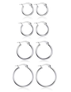 PRICES MAY VARY. HIGH QUALITY MATERIAL: The hoop earrings are made with 316L stainless steel which is high polished finish, lead-free, cadmium-free, allergy safety and does not readily corrode, rust, or stain with water.Safer and healthier, safe for your skin. AFFORDABLE PRICE+MULTIPLE CHOOSE: 4 pairs of different diameter hoops in a set. Diameter Option:10mm,12mm,15mm,20mm. All hoop earrings are silver tone, fashion and durable. The sizes are just perfect for daily outfit. You can choose to wea Small Silver Hoop Earrings, Nickel Free Jewelry, Small Hoop Earrings, Nickel Free Earrings, Mini Hoop Earrings, Hoop Earring Sets, Free Earrings, Huggie Earrings, Cartilage Earrings