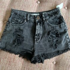 Edgy Black Jean Shorts. Rips In Front And Back. Frayed Bottom. Ripped Black Grunge Bottoms, Black Ripped Grunge Bottoms, Black Grunge Bottoms With Frayed Hem, Edgy Washed Black Shorts, Distressed High Rise Black Bottoms, Edgy Black Bottoms With Frayed Hem, Casual Black Distressed Jean Shorts, Grunge Black Shorts With Frayed Hem, Casual Black Distressed Shorts