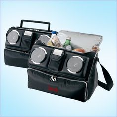 two black bags with speakers and bottles in them