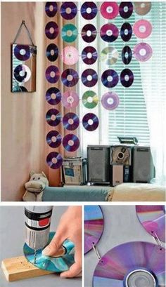 several different pictures with cd discs hanging from the ceiling and in front of a window