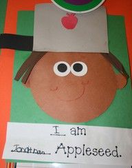 a child's paper cut out of an apple wearing a chef hat with the words i am johnny appleseed on it