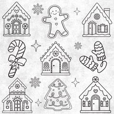 christmas cookies and gingerbreads are drawn in the shape of houses