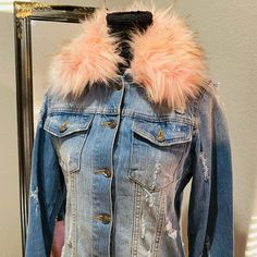 Brand New Fur Collar Removable Trendy Pink Denim Outerwear, Trendy Fitted Denim Vest For Winter, Trendy Light Wash Fitted Outerwear, Trendy Fitted Light Wash Outerwear, Fitted Denim Blue Winter Vest, Fitted Denim Blue Vest For Winter, Fitted Denim Vest For Winter, Fitted Pink Denim Outerwear, Pink Fitted Denim Outerwear