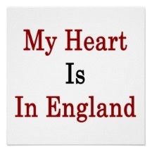 the words my heart is in england are red and black on a white square poster