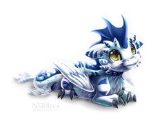 a blue and white dragon laying down on the ground