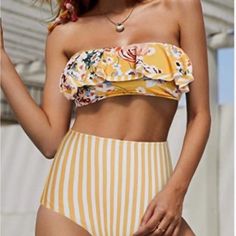 Size S Top Yellow Floral Bottom Red White Striped 2 Piece Set Yellow Bandeau Swimwear For Summer, Yellow Strapless Swimwear For Poolside, Yellow High Waist Swimwear For Beach Season, Yellow High-waist Swimwear For Sunbathing, Yellow High Waist Swimwear For Sunbathing, Spring High-waist Yellow Swimwear, Yellow Fitted High-waist Swimwear, Yellow High Waist Summer Swimwear, High Waist Yellow Swimwear For Beach