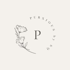 the letter p is surrounded by flowers on a white background with black and gray lettering