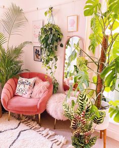 a living room filled with lots of plants next to a mirror and potted plants