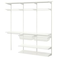 white shelving unit with three shelves and two bins on the bottom, one is empty