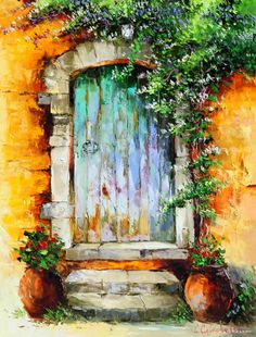 an oil painting of a window with vines growing over it