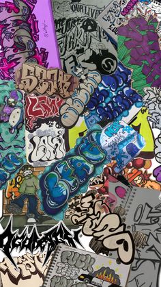 a bunch of stickers that are laying on top of each other in the air