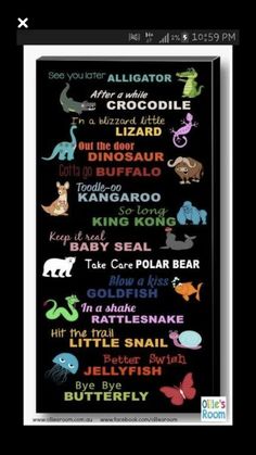 a poster with different types of animals and words on it's black background, including names