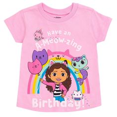 Celebrate your special day with Gabby and her friends in this stylish Gabby's Dollhouse birthday shirt! This cute short sleeve tee features a fun rainbow design, the words "Have An A-Meow-Zing Birthday," and colorful artwork of Gabby, MerCat, Kitty Fairy, and Cakey Cat holding birthday balloons. Dressed in this soft and comfy Gabby's Dollhouse tshirt, your little girl is ready for an exciting birthday adventure! Gabby Dollhouse 5th Birthday Shirt, Pink Short Sleeve T-shirt For Playtime, Cute Birthday T-shirt With Character Print, Pink Character Print Tops For Birthday, Cute Character Print T-shirt For Birthday, Playful Pink T-shirt For Birthday, Cute Birthday T-shirt With Cartoon Print, Paw Patrol Skye Birthday, Birthday Toddler Girl