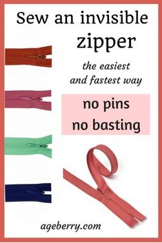 the instructions for how to sew an invisible zipper and fastener it with no pins