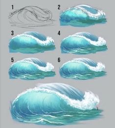 how to draw an ocean wave with different stages and directions for beginners, step by step